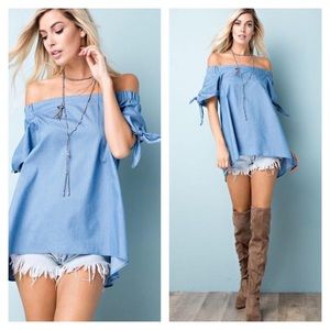 Belle Âme Janice Boutique Tops - Off the Shoulder Chambray Tunic Top Belle Âme Janice Boutique Tops - Off the Shoulder Chambray Tunic Top